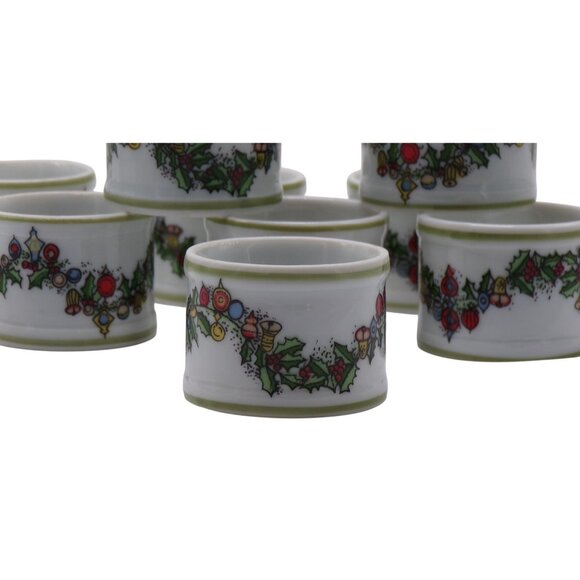 Set-9 Christmas Theme Bone China Napkin Rings w/Festive Ornament & Holly Design - Picture 2 of 3
